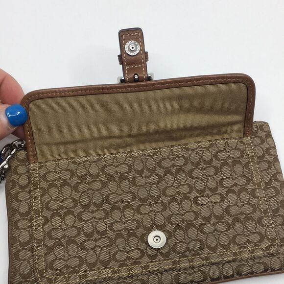 Coach Signature Wristlet Coach With silver tone front magnetic snap slip pocket